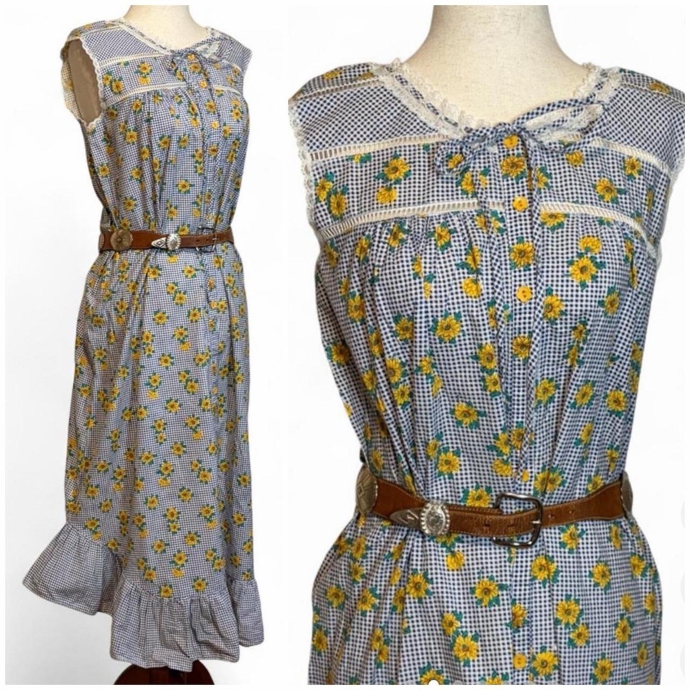 Vintage 90s Sunflower and Gingham Print Ruffle Maxi